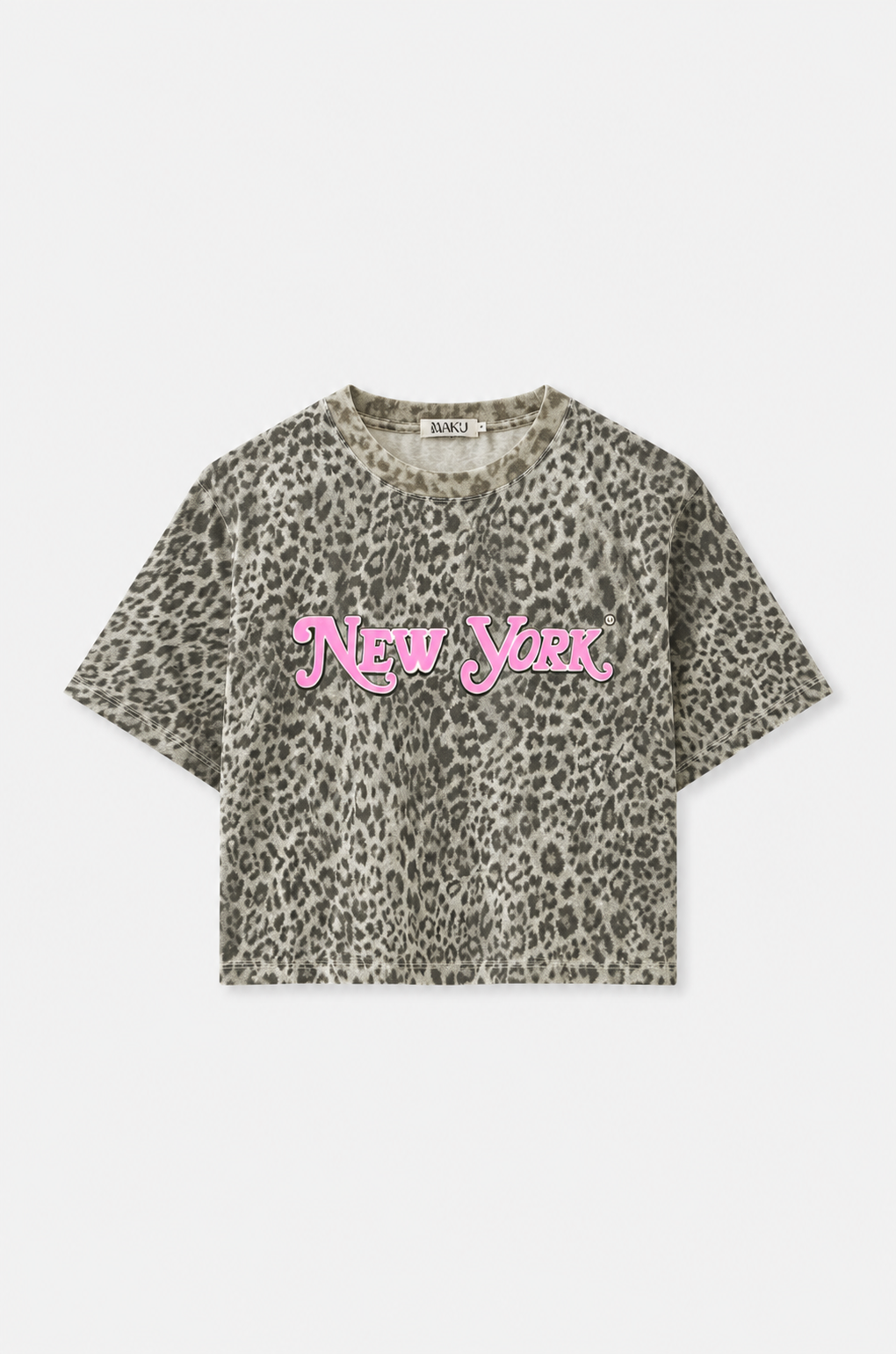 A short-sleeve crop top featuring a beige and brown leopard print pattern with a pink 'New York' text graphic across the chest, displayed flat against a light gray background.