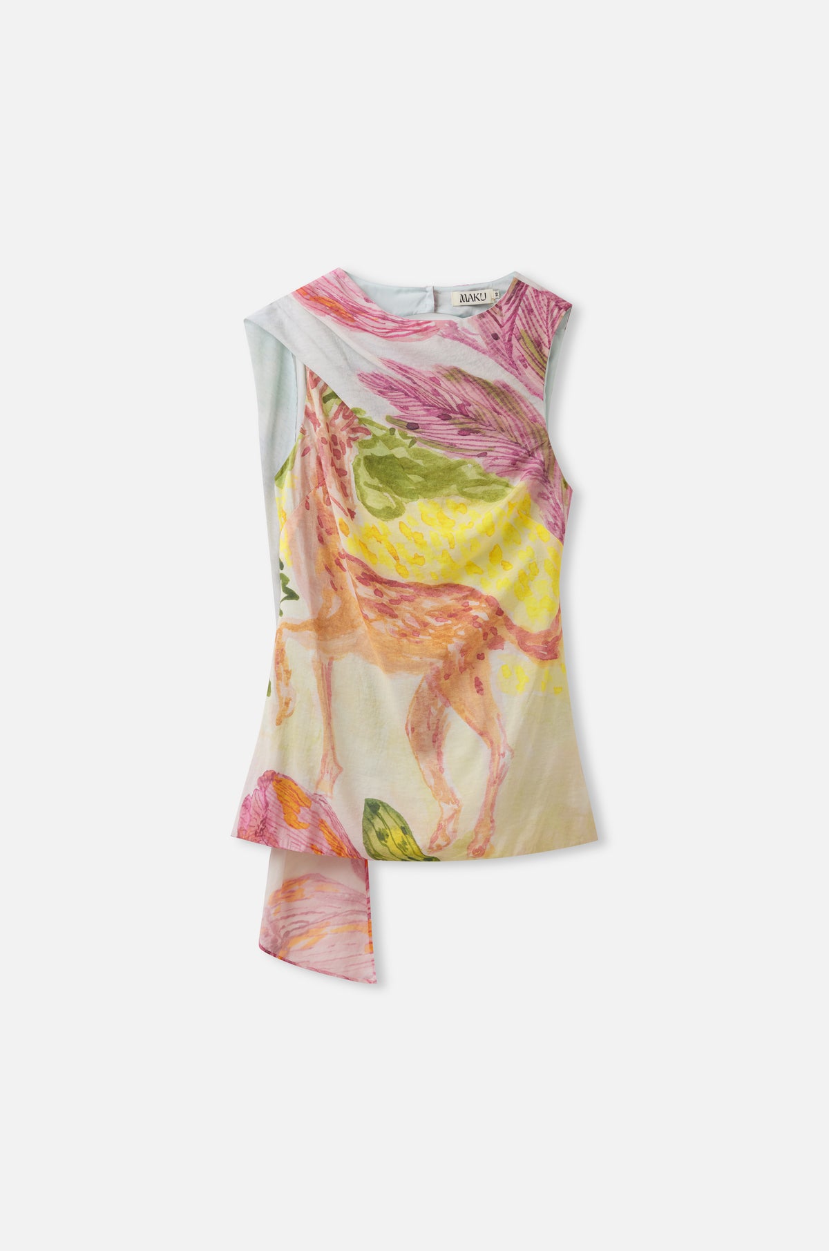 A sleeveless asymmetrical top with a colorful abstract print featuring pink, yellow, green, and orange brushstrokes on a light base, shown flat against a light gray background.