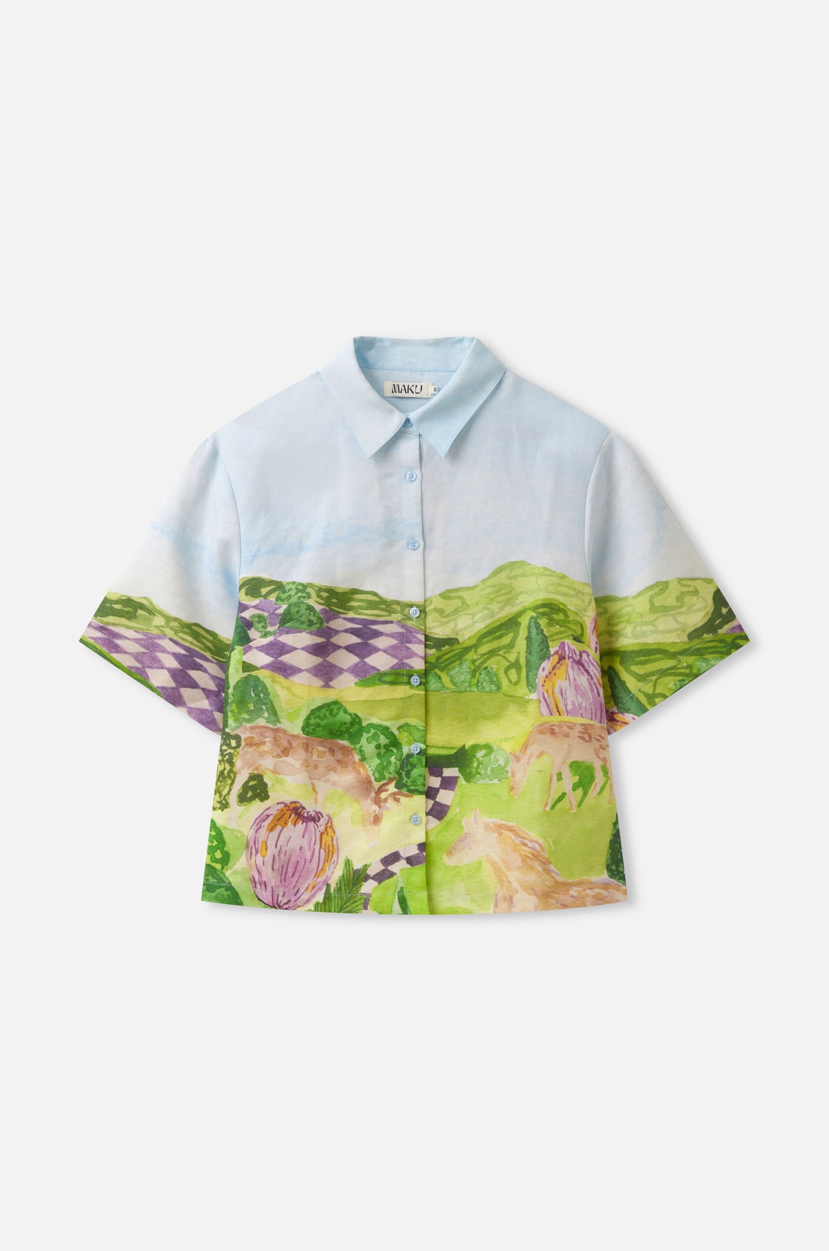 A short-sleeve button-up shirt with a color-blocked design. The top half is light blue, while the bottom half features a vibrant green landscape print with purple and pink wildflowers and deer.