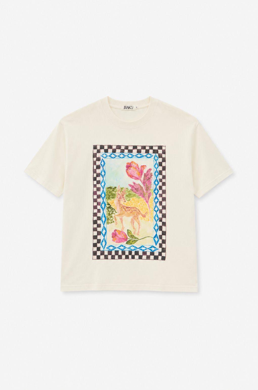 An off-white short-sleeve t-shirt with a colorful graphic print of a unicorn and flowers, framed by a checkered border, on a light gray background.