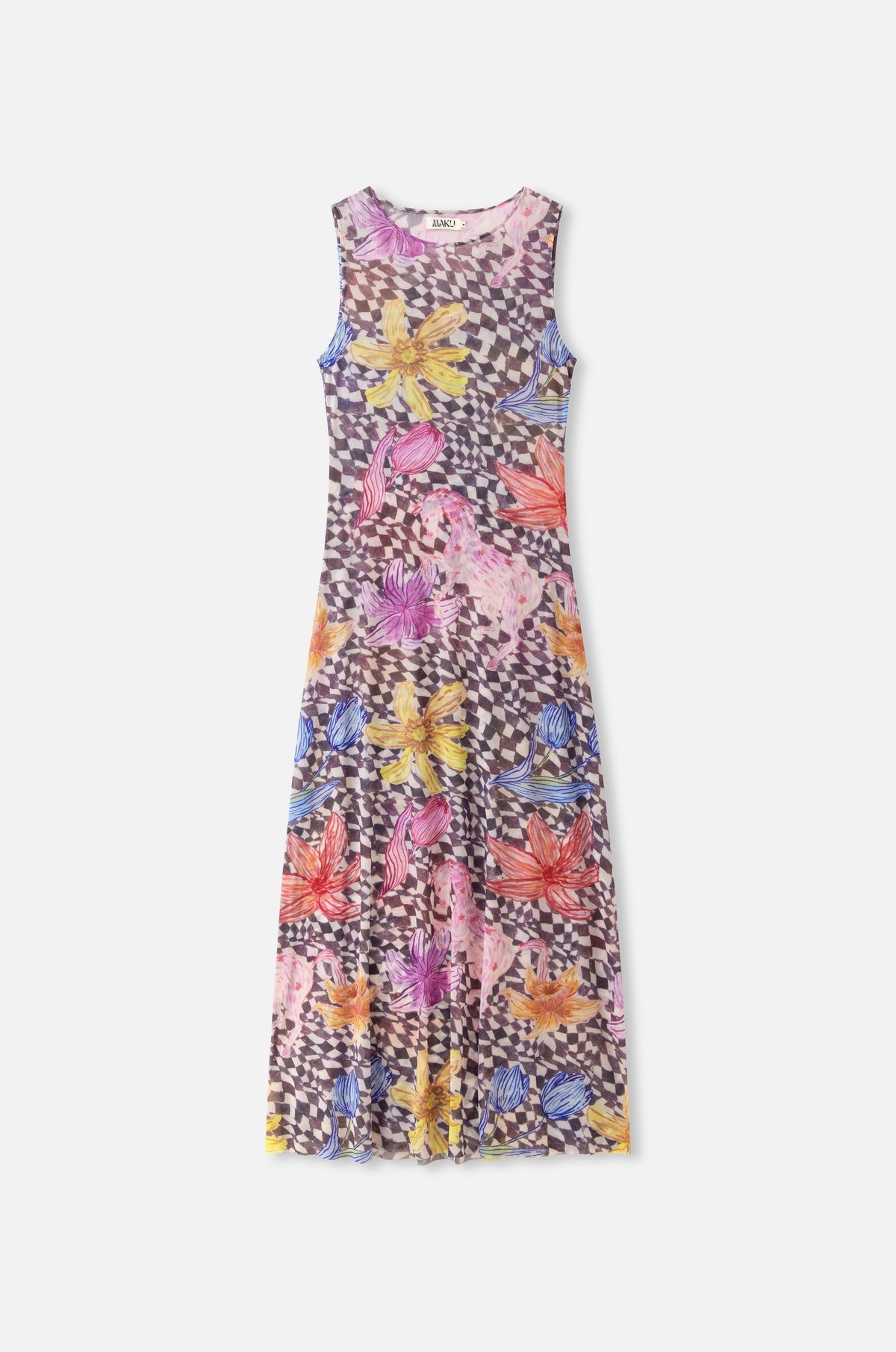 A sleeveless midi dress with a colorful floral and geometric pattern, displayed flat against a light gray background.