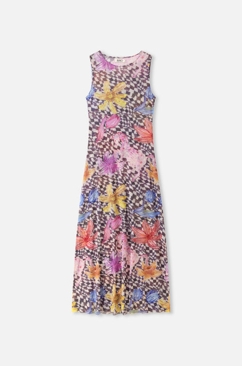A sleeveless midi dress with a colorful floral and geometric pattern, displayed flat against a light gray background.