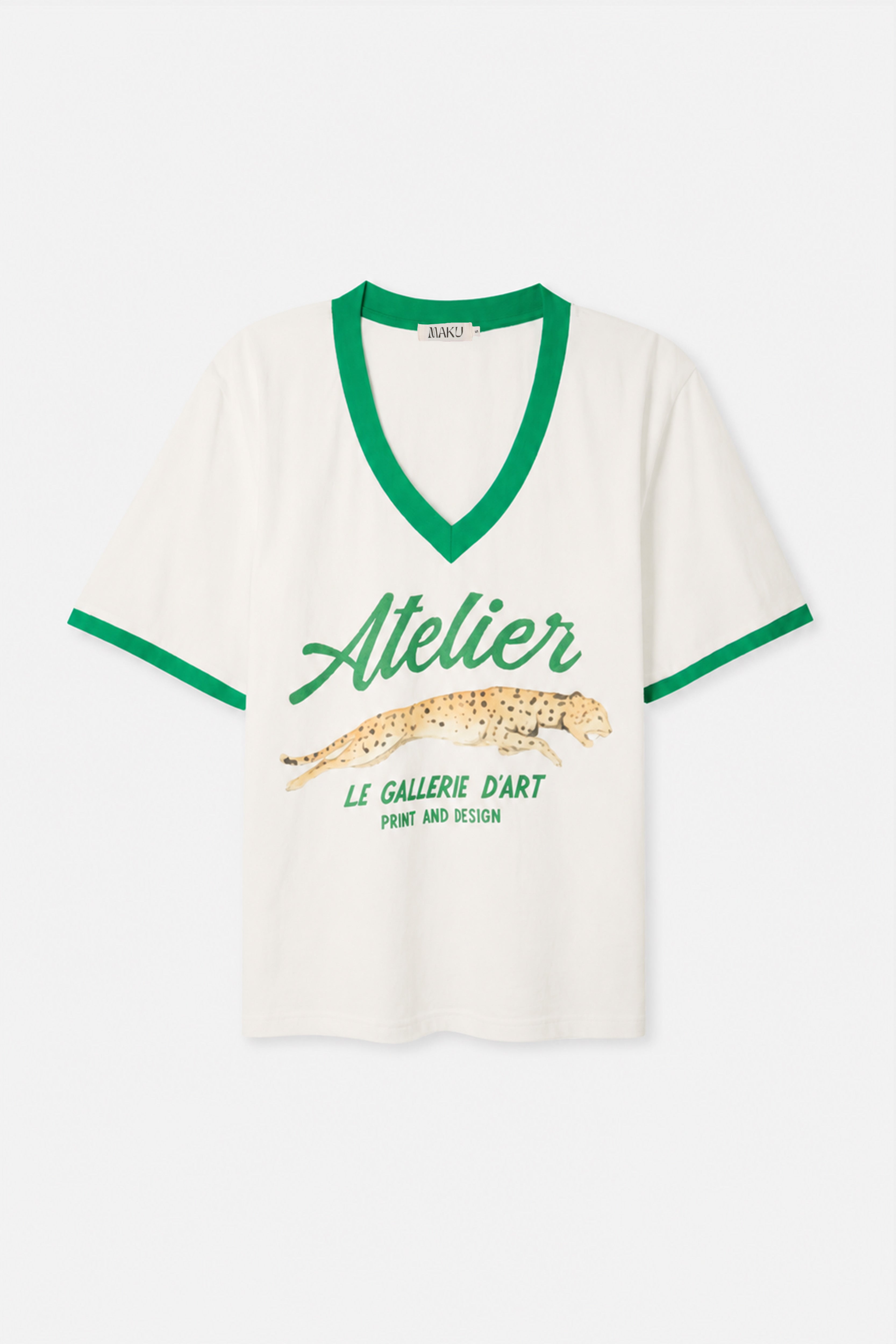 White t-shirt with green accents and text on a white background